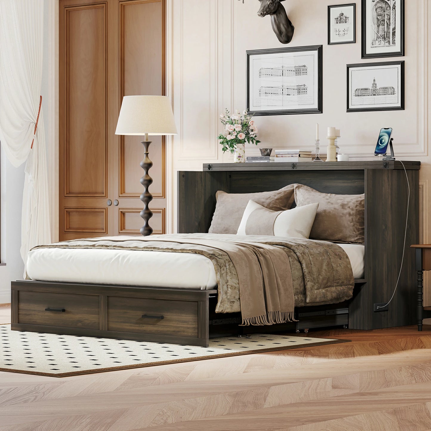 farmhousebedroomwithdarkwoodmurphybedstoragecabinetbedsetup