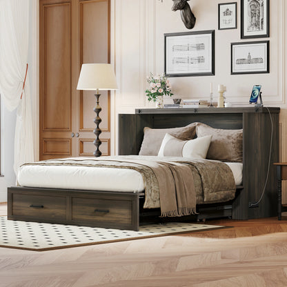 farmhousebedroomwithdarkwoodmurphybedstoragecabinetbedsetup