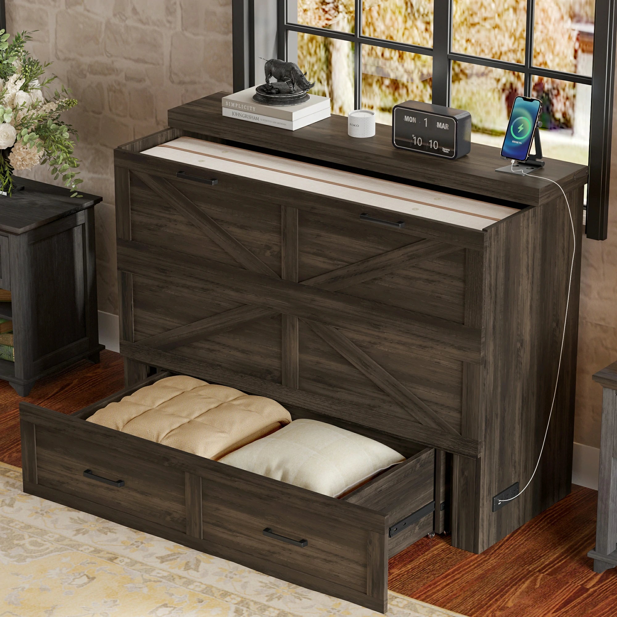 farmhousebedwithchargingstationusbportwoodheadboardstorageandchargingfunction