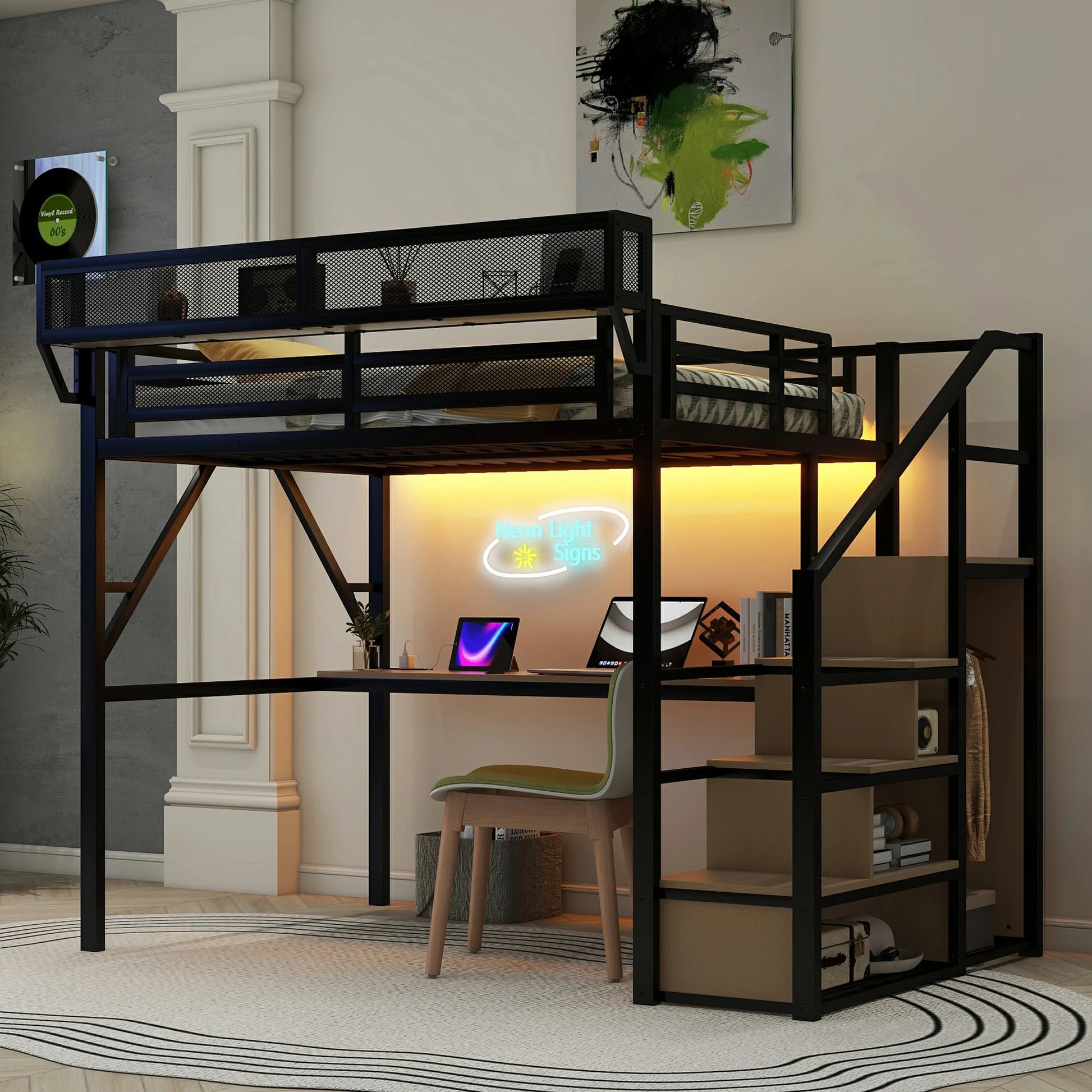 full-metal-loft-bed-in-modern-bedroom-with-desk-and-rgb-lights