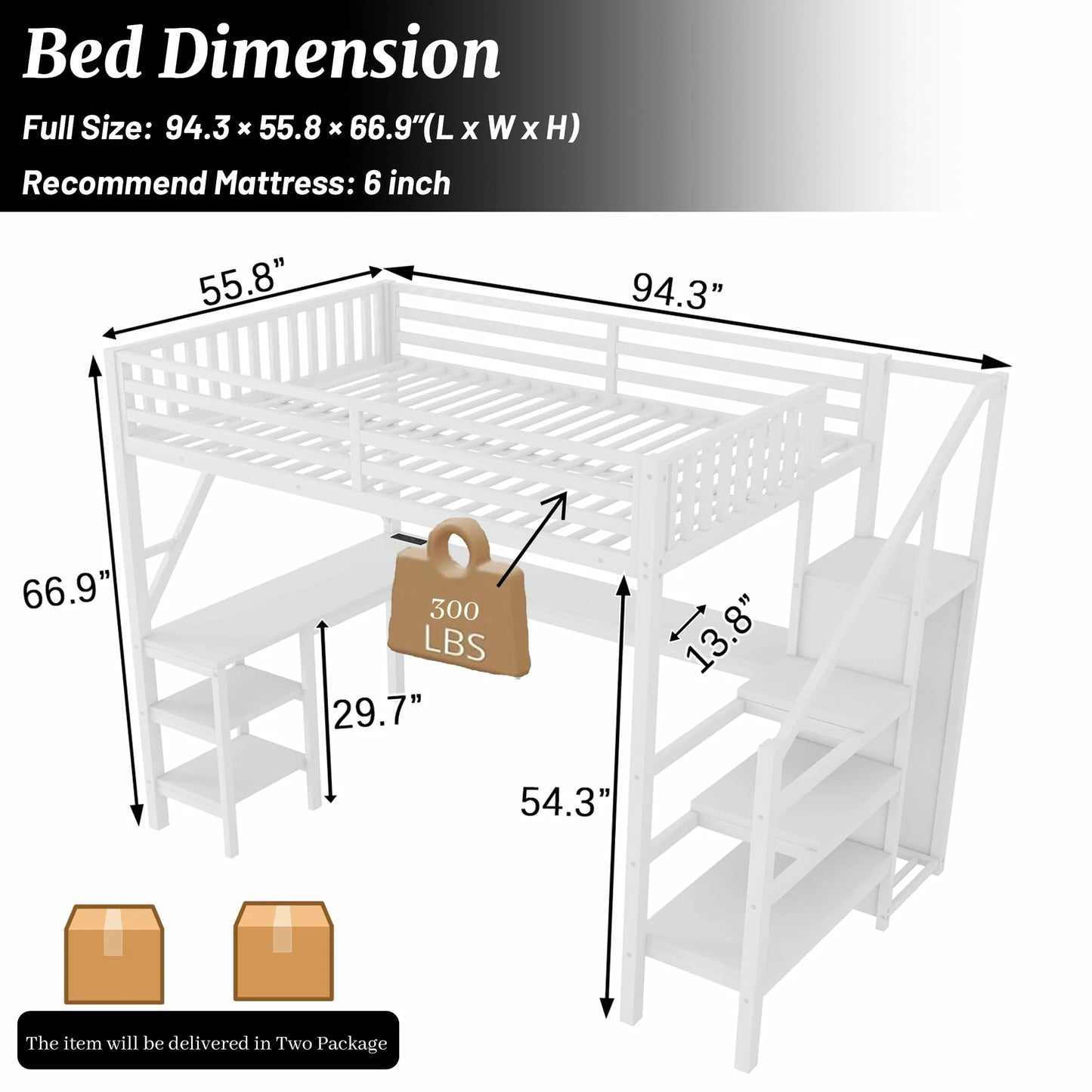 fullsizeloftbeddimensions94.3x55.8x66.9whiteloftbedwithdeskandstoragestairs