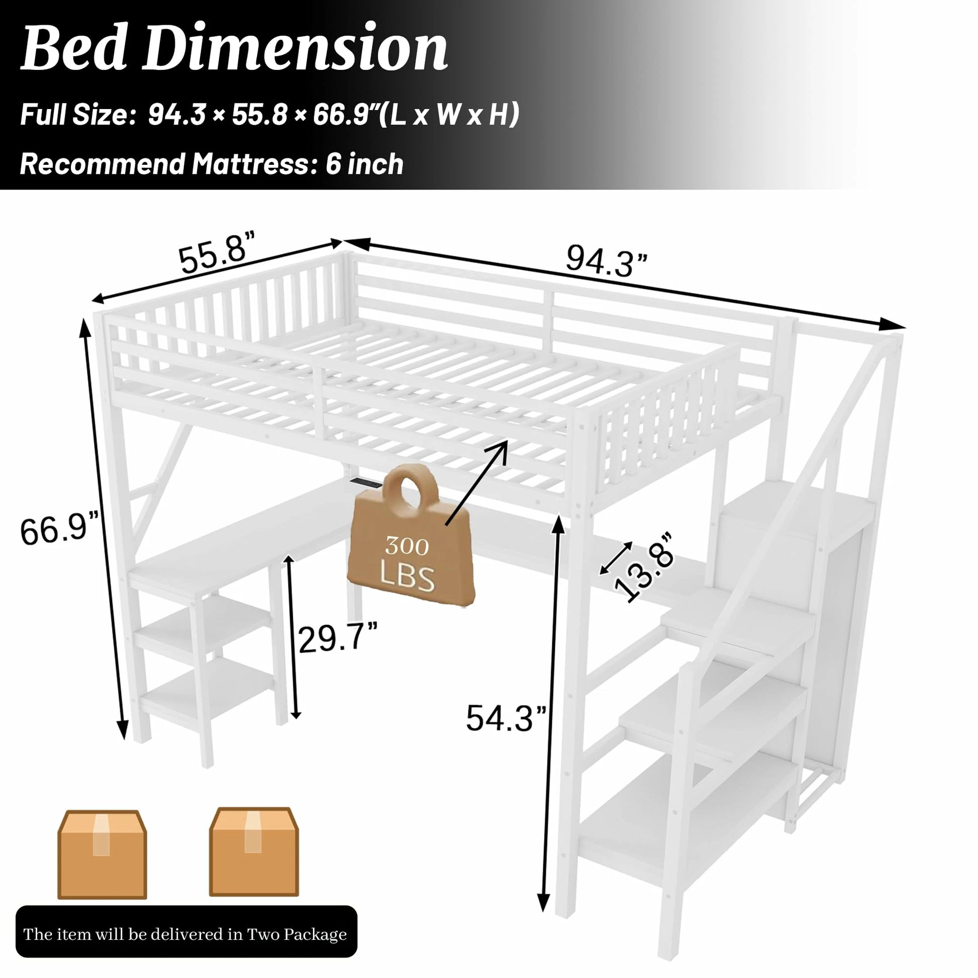 fullsizeloftbeddimensions94.3x55.8x66.9whiteloftbedwithdeskandstoragestairs