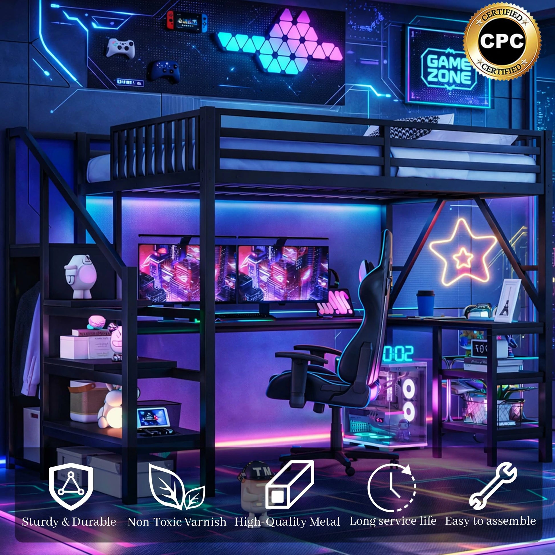 fullsizeloftbedwithdeskgamingsetupRGBlightsmodernmetalloftbedwithshelvesandstairs