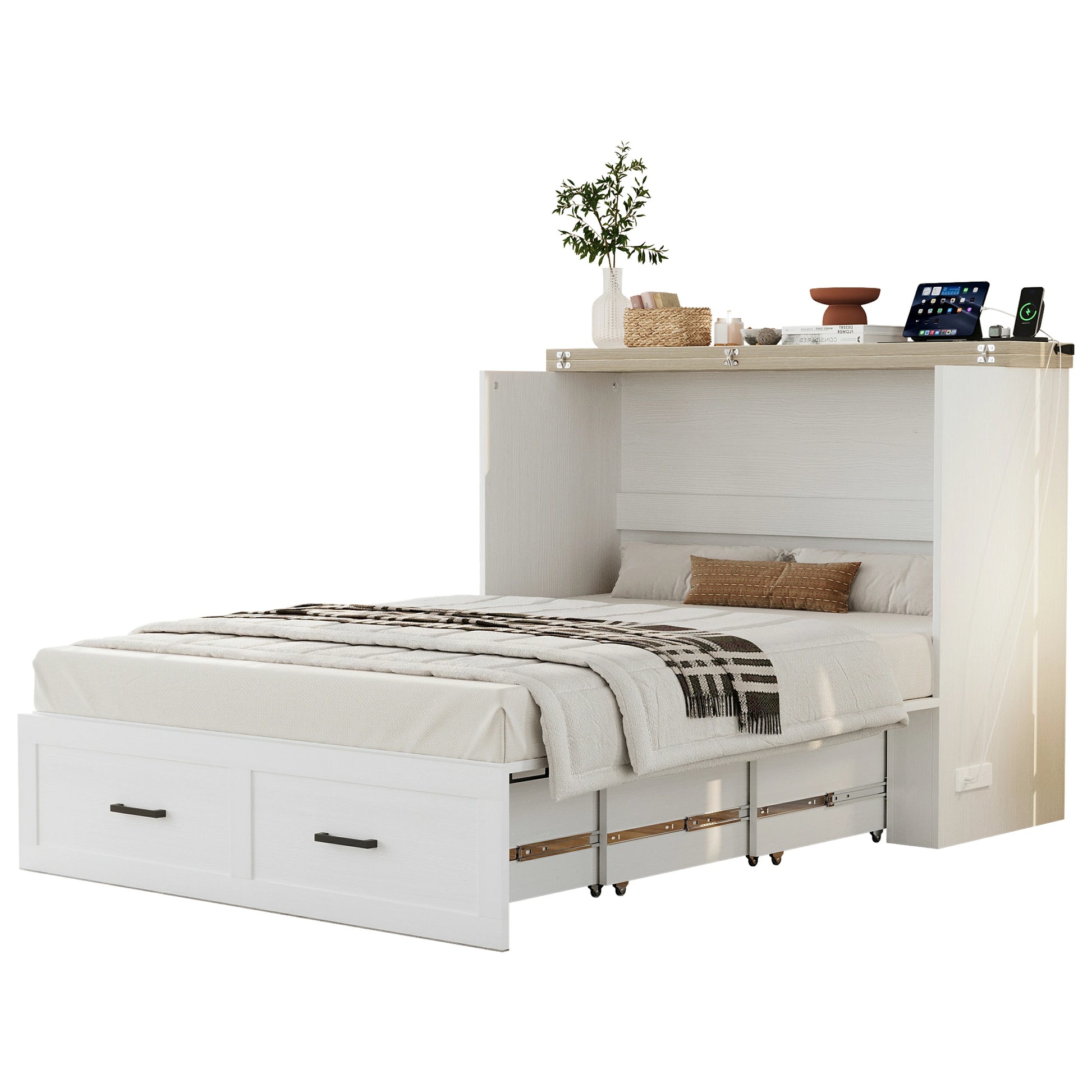 fullsizemurphybedwhitewithpulloutdrawershiddenbedframewithstoragedrawers