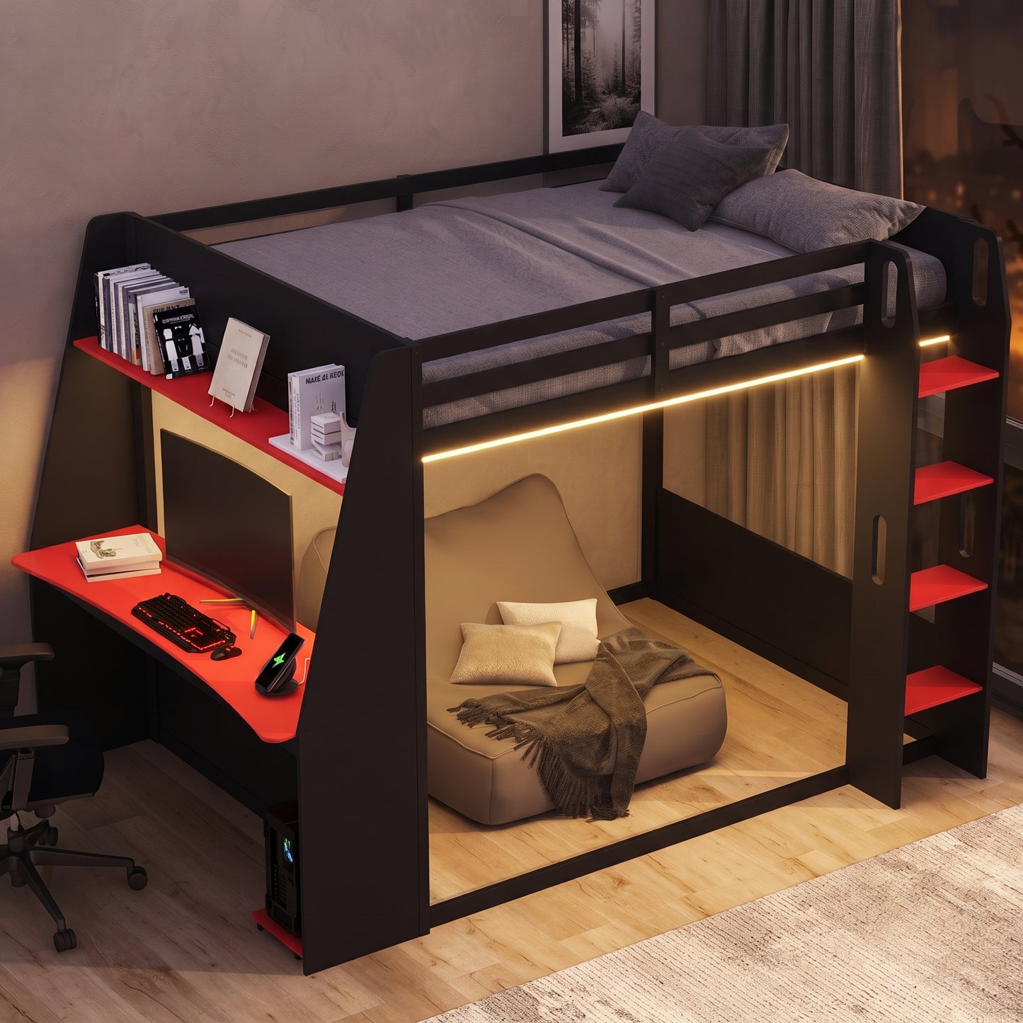 Mirightone™ Wood Bunk Bed with Gaming Desk and Storage Shelf, Gaming Bunk Bed with LED Light & Charging for Gamer Adults