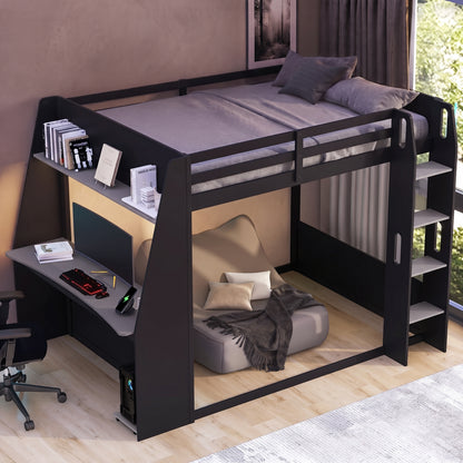 Mirightone™ Wood Bunk Bed with Gaming Desk and Storage Shelf, Gaming Bunk Bed with LED Light & Charging for Gamer Adults