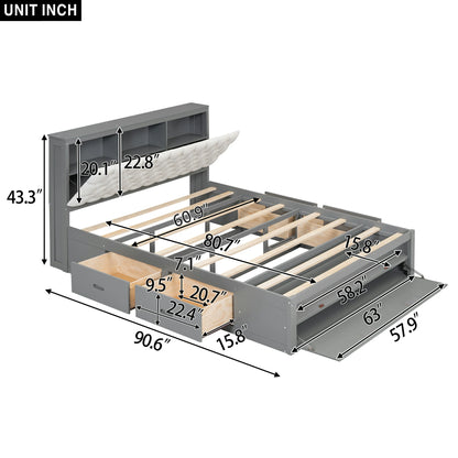 Mirightone™ Wood Queen Size Platform Bed with Storage Headboard, shoe rack and 4 drawers