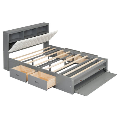 Mirightone™ Wood Queen Size Platform Bed with Storage Headboard, shoe rack and 4 drawers