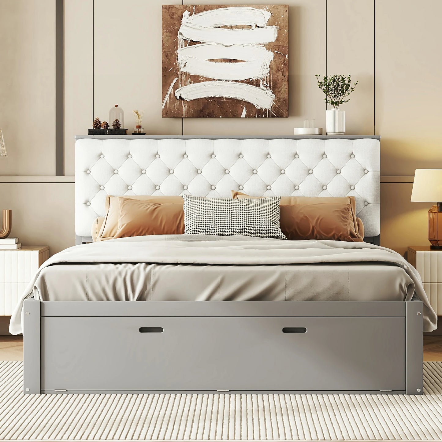 Mirightone™ Wood Queen Size Platform Bed with Storage Headboard, shoe rack and 4 drawers