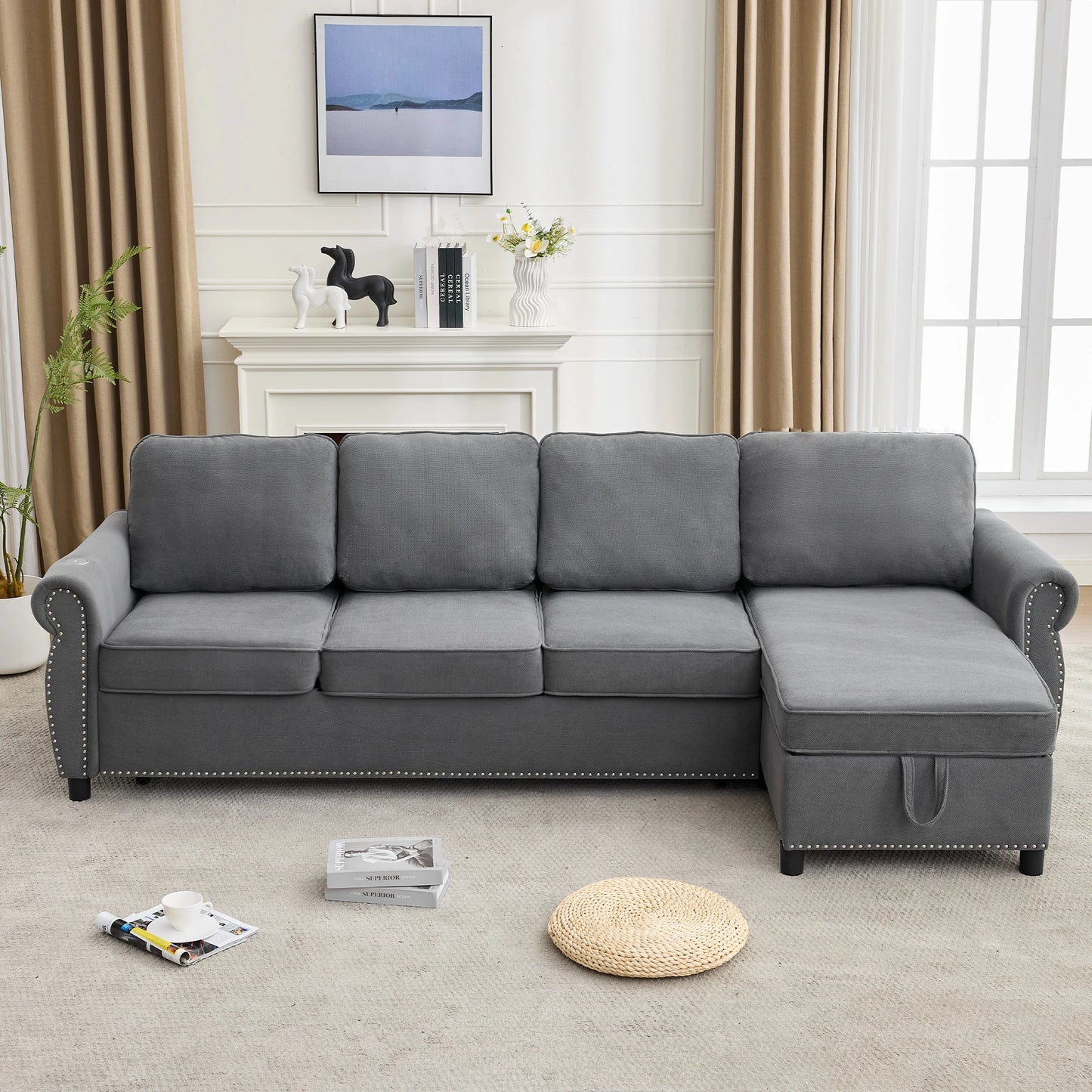 Mirightone™ 106.5" Pull Out Sofa Bed, Flannelette, Wireless Charging