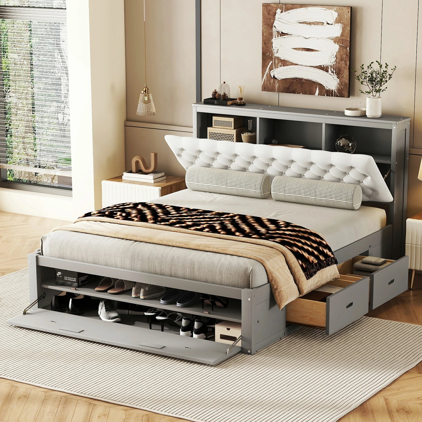Mirightone™ Wood Queen Size Platform Bed with Storage Headboard, shoe rack and 4 drawers