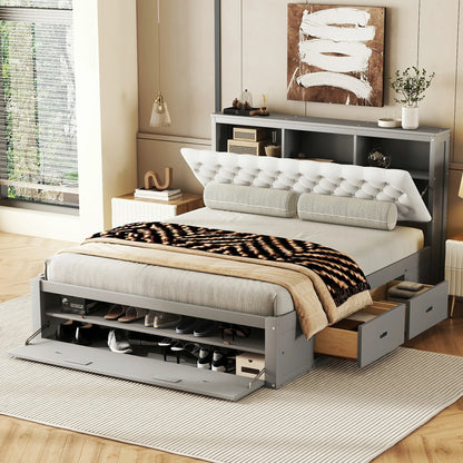 Mirightone™ Wood Queen Size Platform Bed with Storage Headboard, shoe rack and 4 drawers