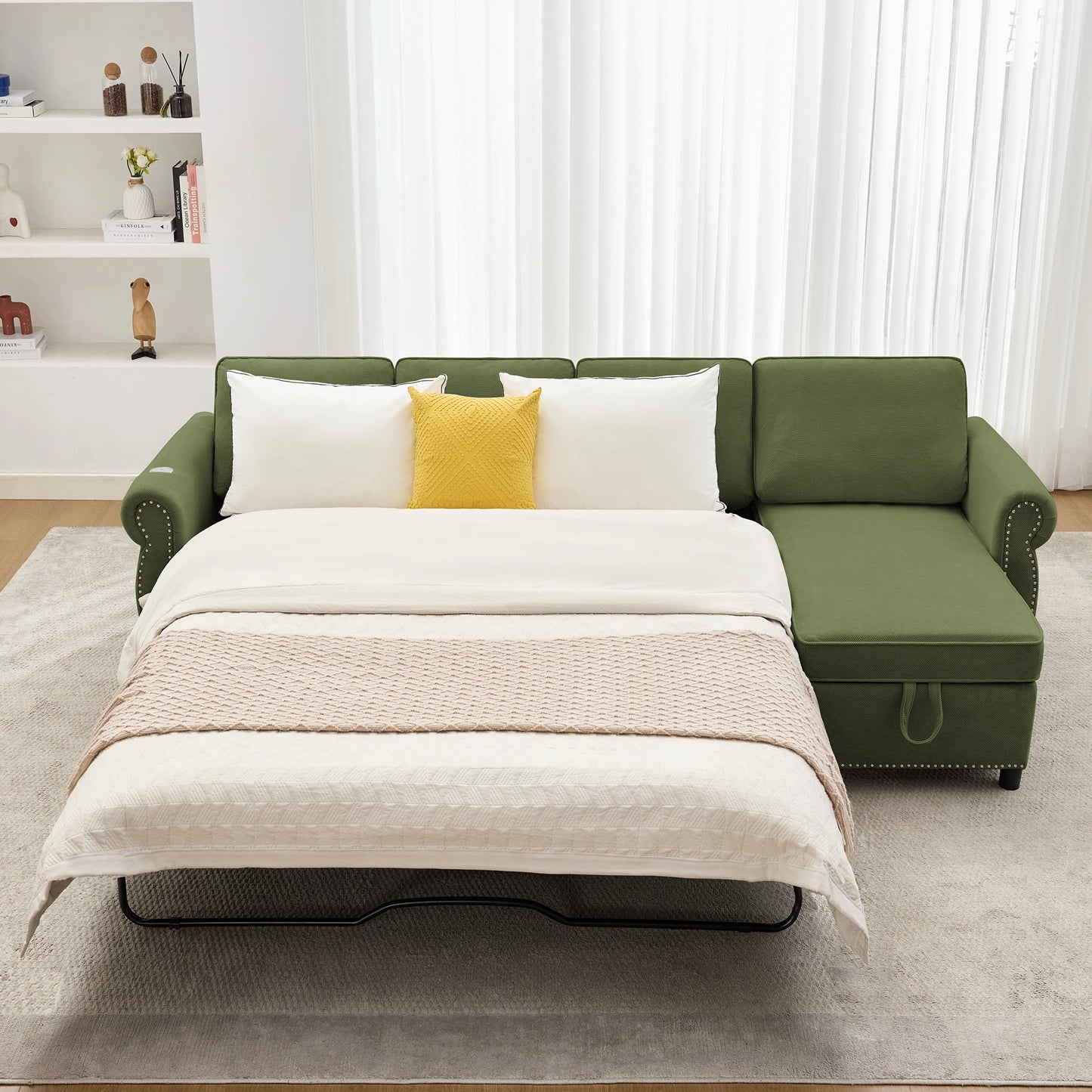 green-sectional-sleeper-sofa-bed-front-view-with-bedding