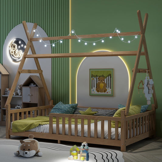 Mirightone™ Twin Size Montessori Floor Bed with Fence & Light Natural