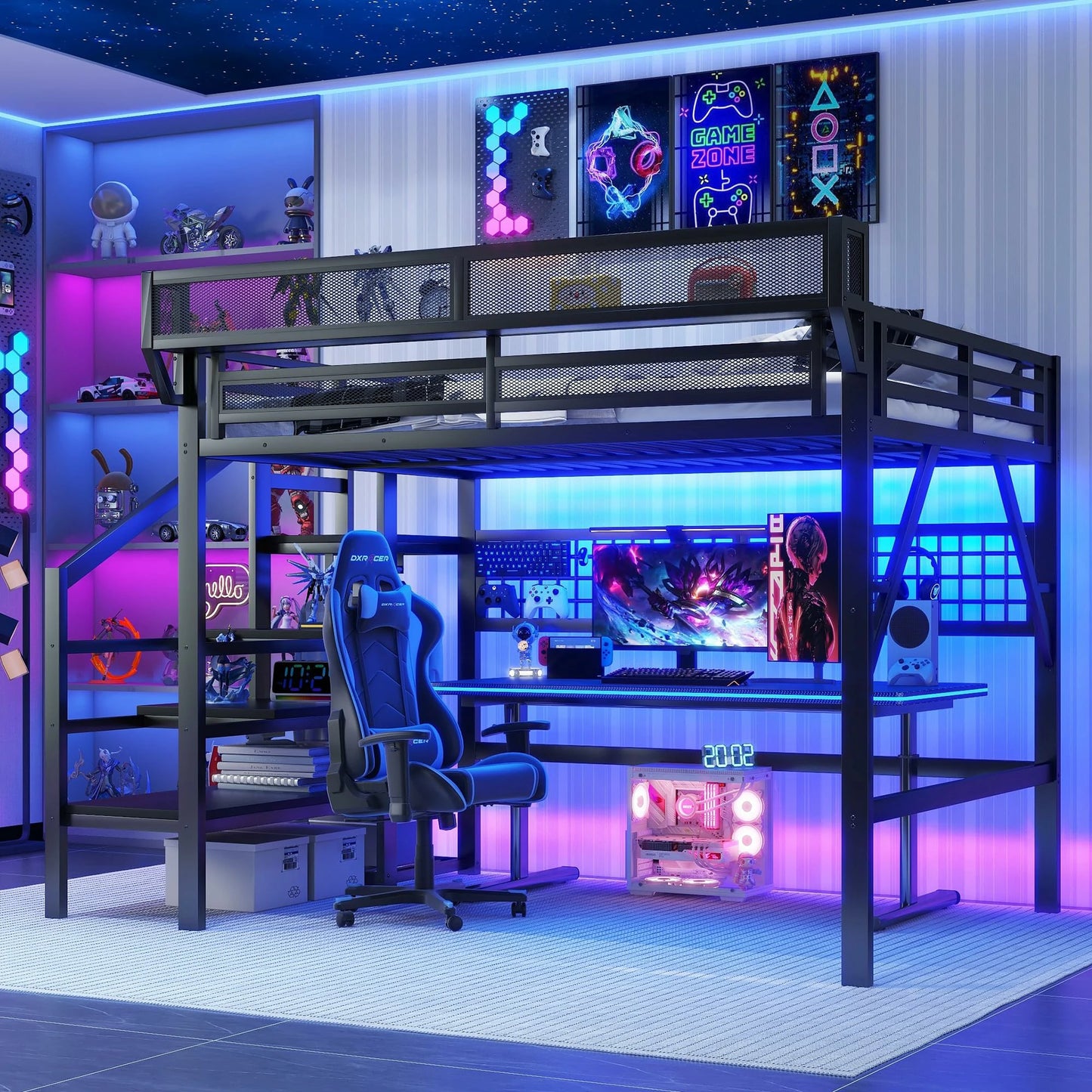 Mirightone™ Loft Bed with Wardrobe and LED Light, Black