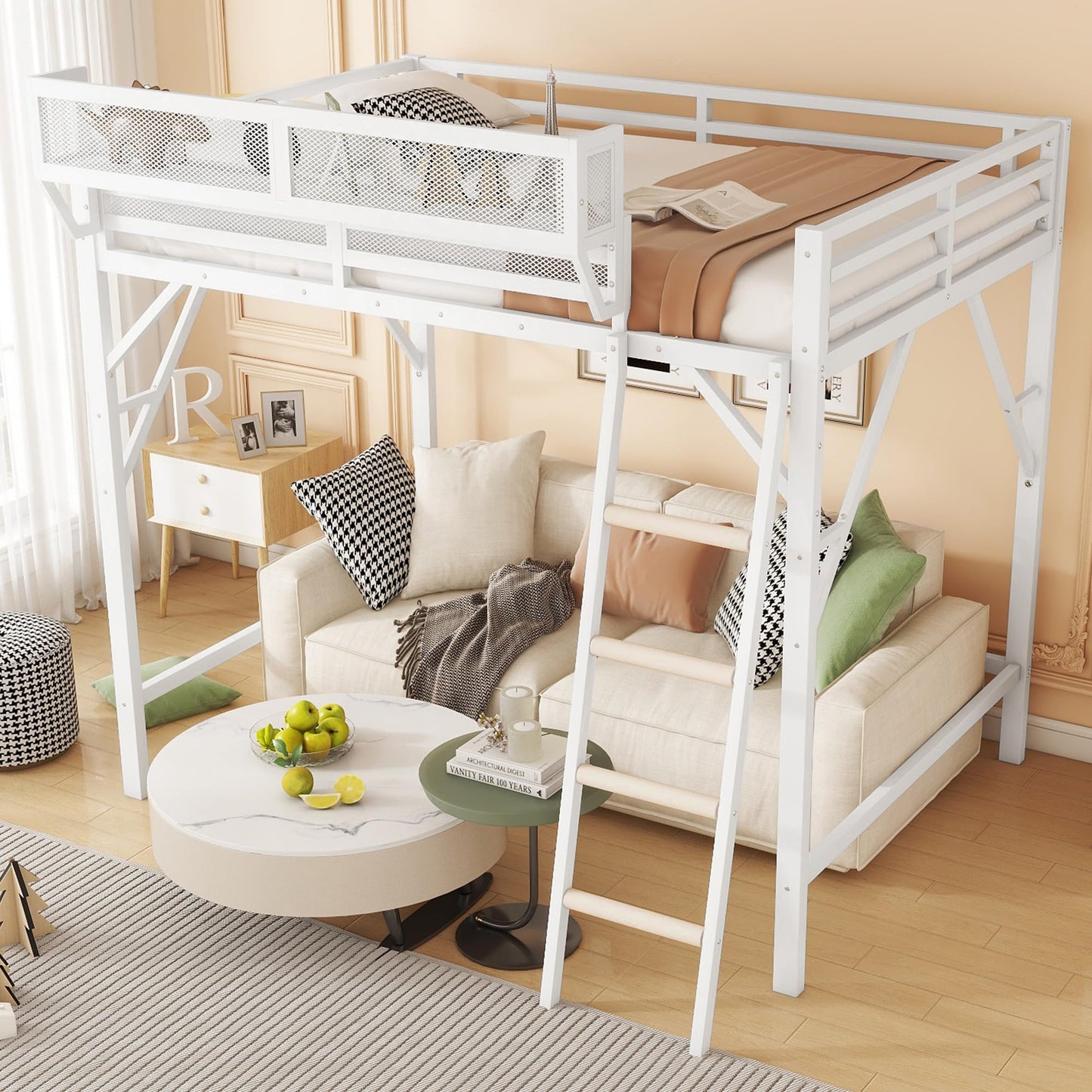 Mirightone™ Metal Queen Loft Bed with Shelf, Ladder, White