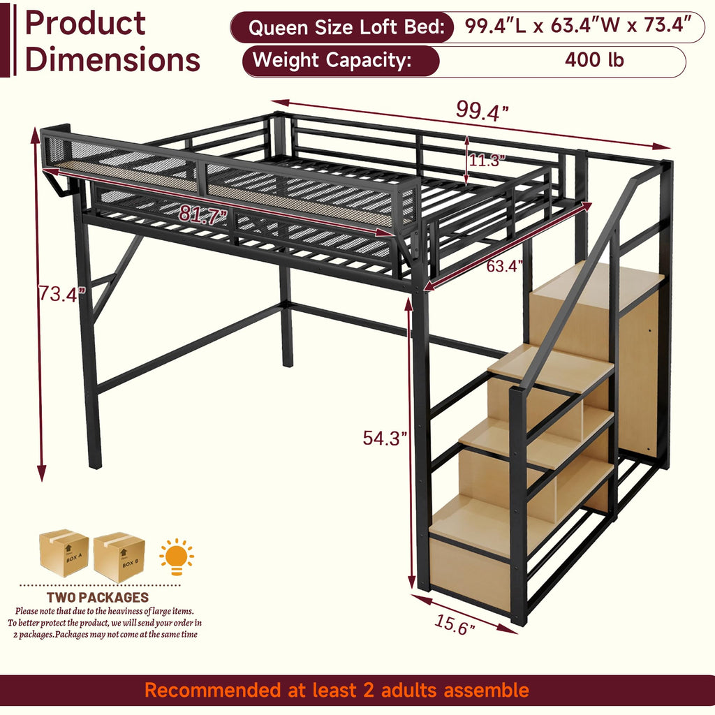 Mirightone™ Queen Size Loft Bed with Stairs and Storage Shelves, Black