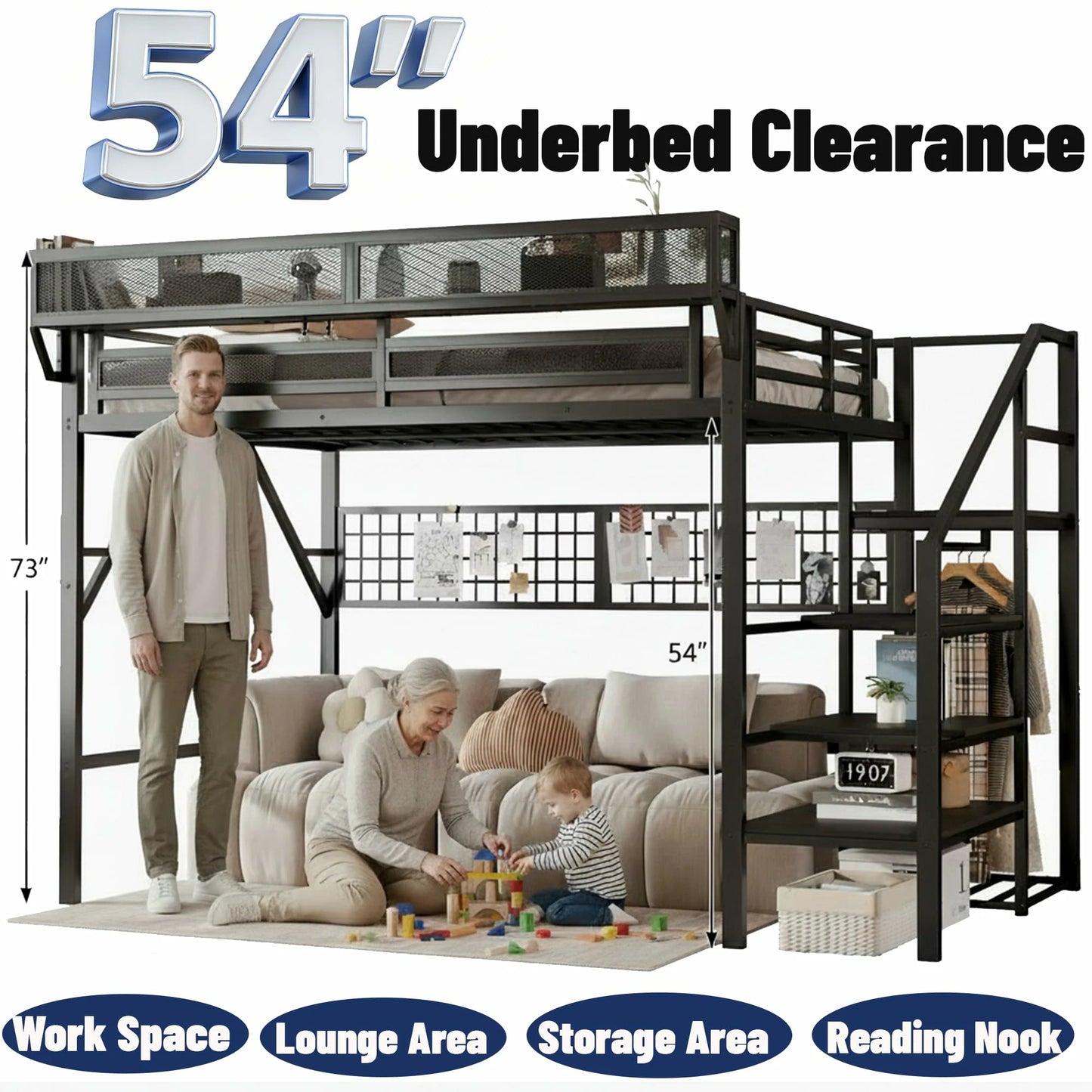 Mirightone™ Loft Bed with Wardrobe and LED Light, Black