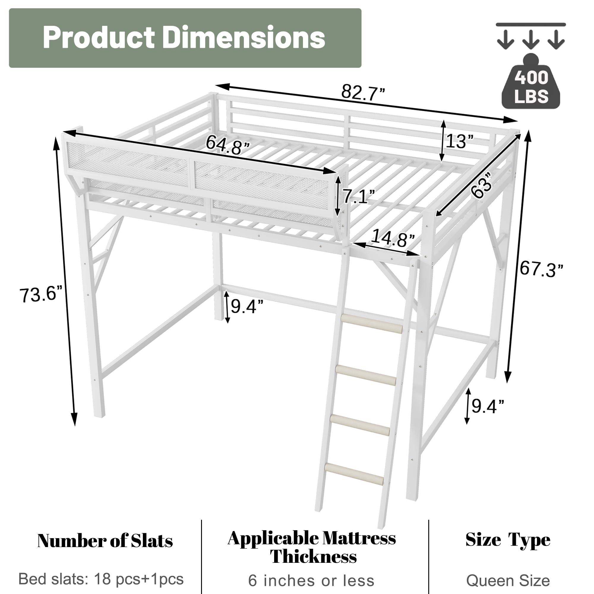 Mirightone™ Metal Queen Loft Bed with Shelf, Ladder, White