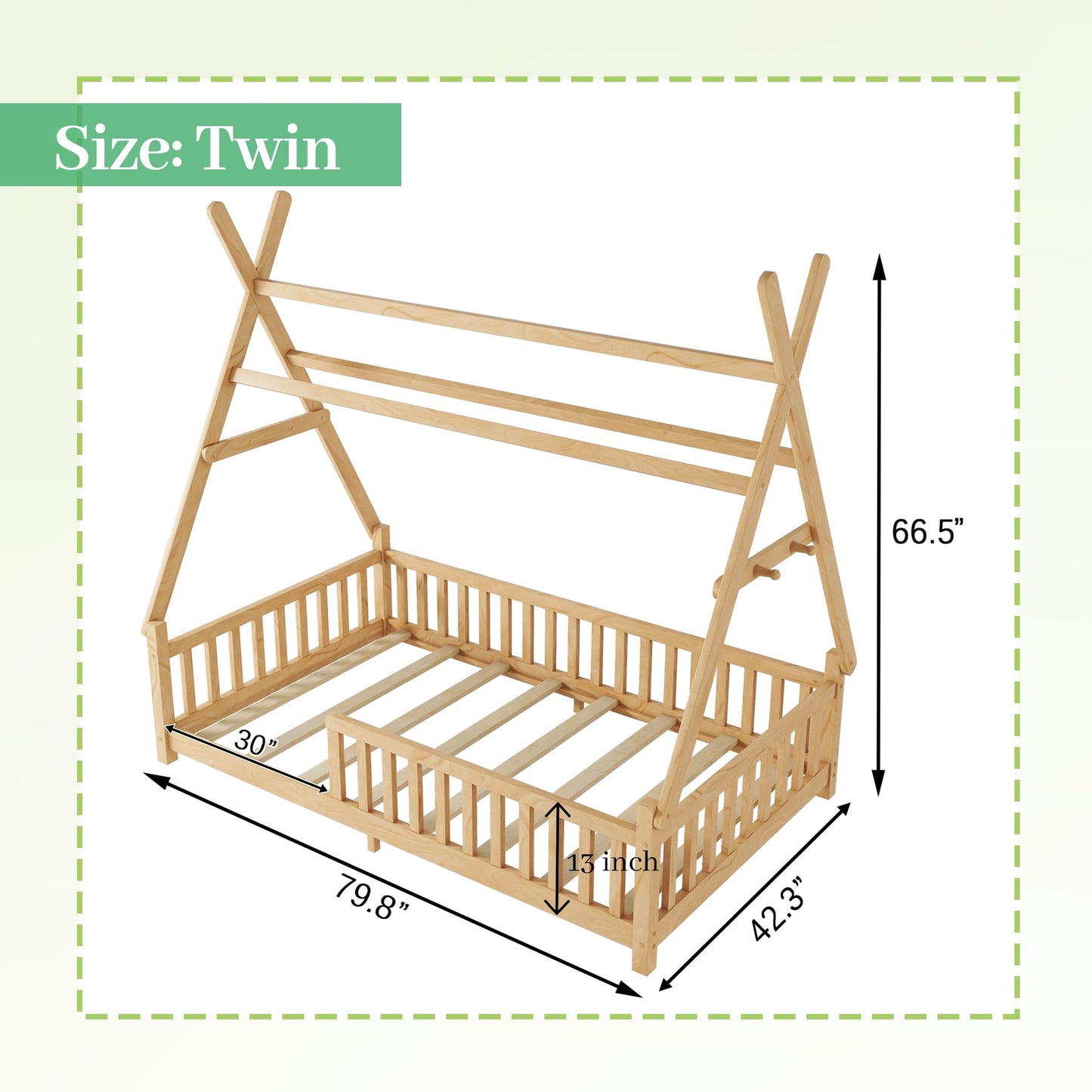 Mirightone™ Twin Size Montessori Floor Bed with Fence & Light Natural