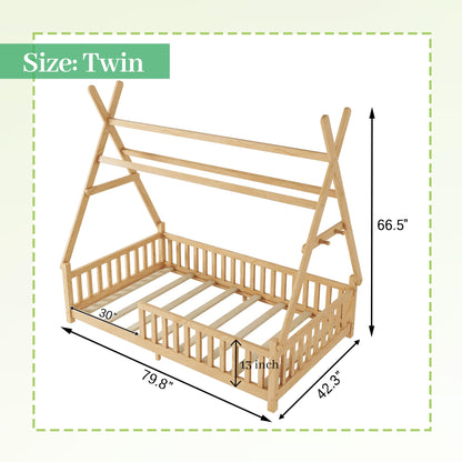 Mirightone™ Twin Size Montessori Floor Bed with Fence & Light Natural