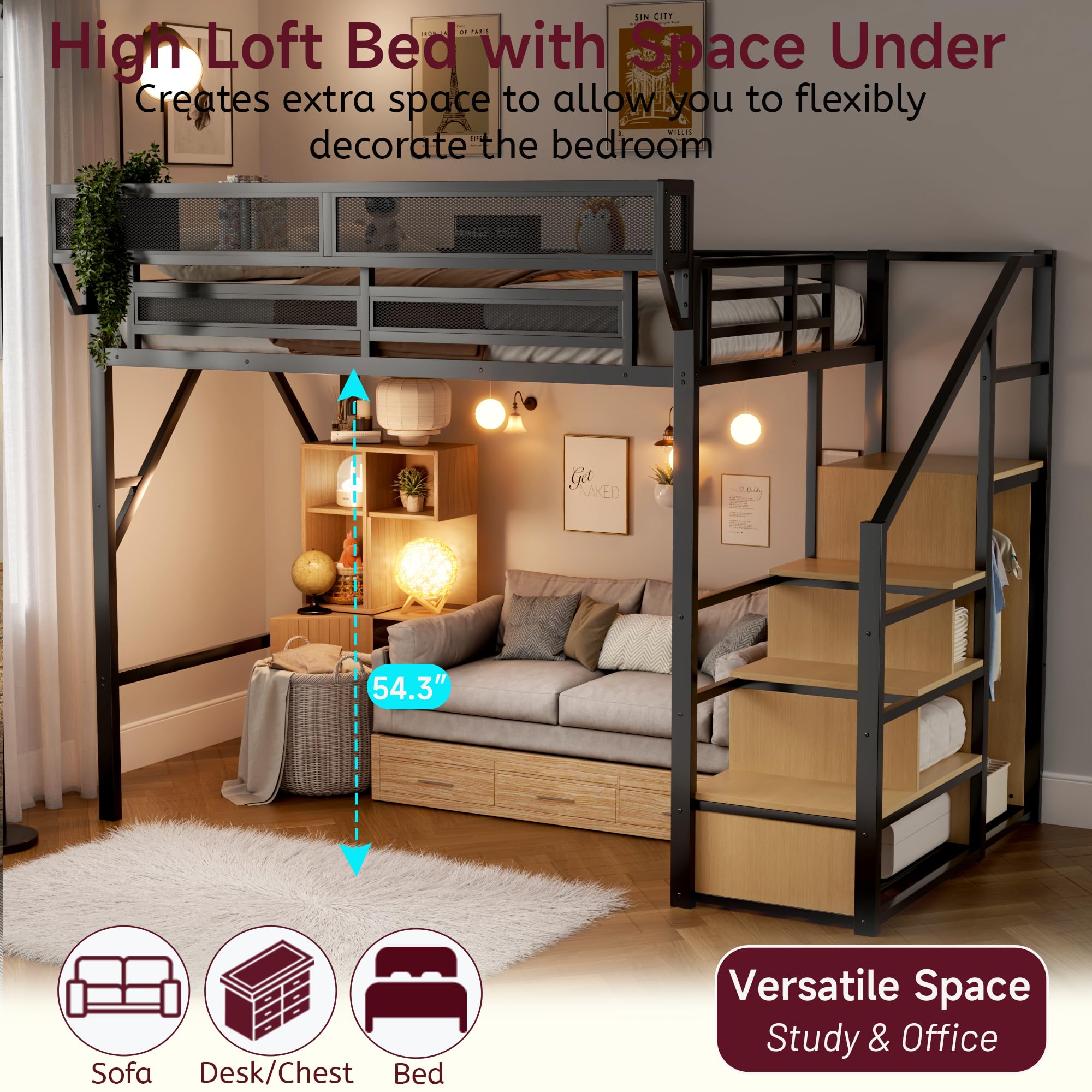 Mirightone™ Queen Size Loft Bed with Stairs and Storage Shelves, Black