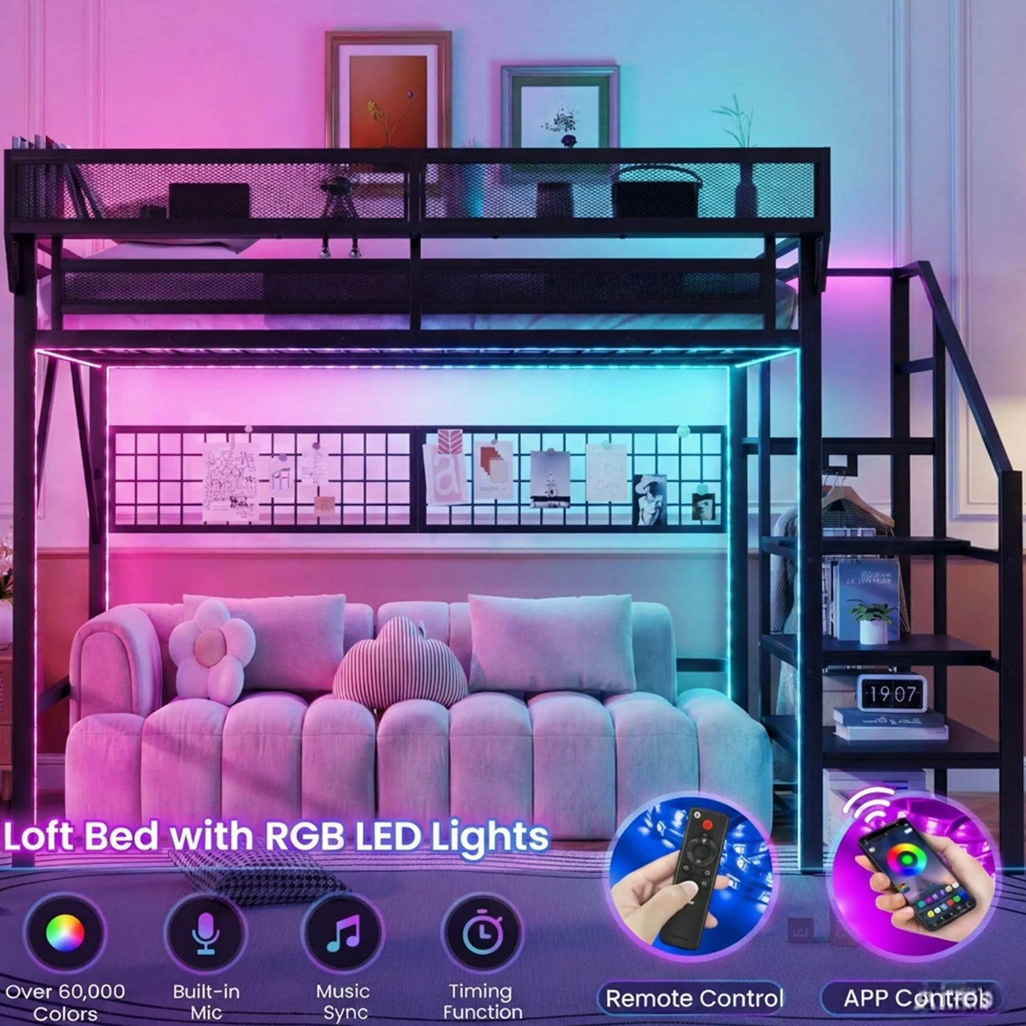 Mirightone™ Loft Bed with Wardrobe and LED Light, Black