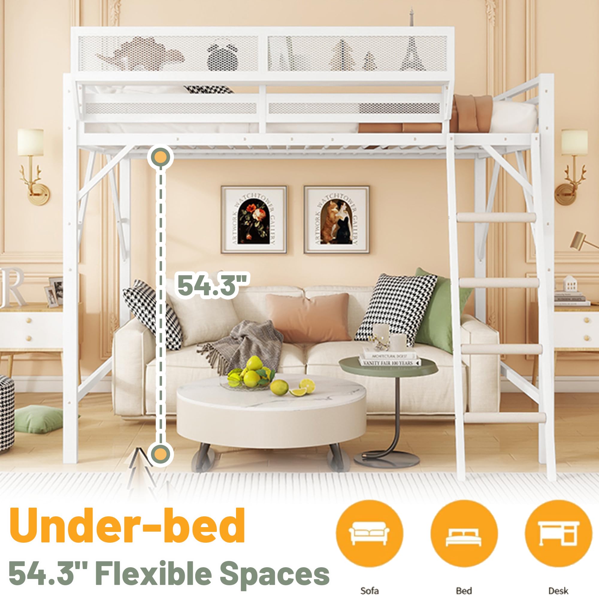 Mirightone™ Metal Queen Loft Bed with Shelf, Ladder, White