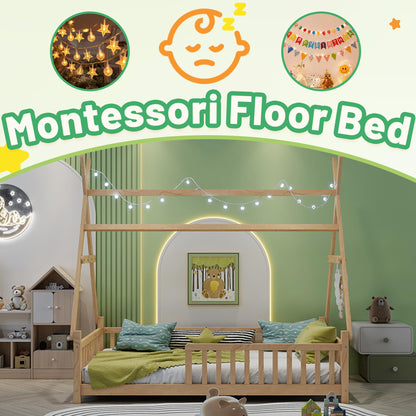 Mirightone™ Twin Size Montessori Floor Bed with Fence & Light Natural
