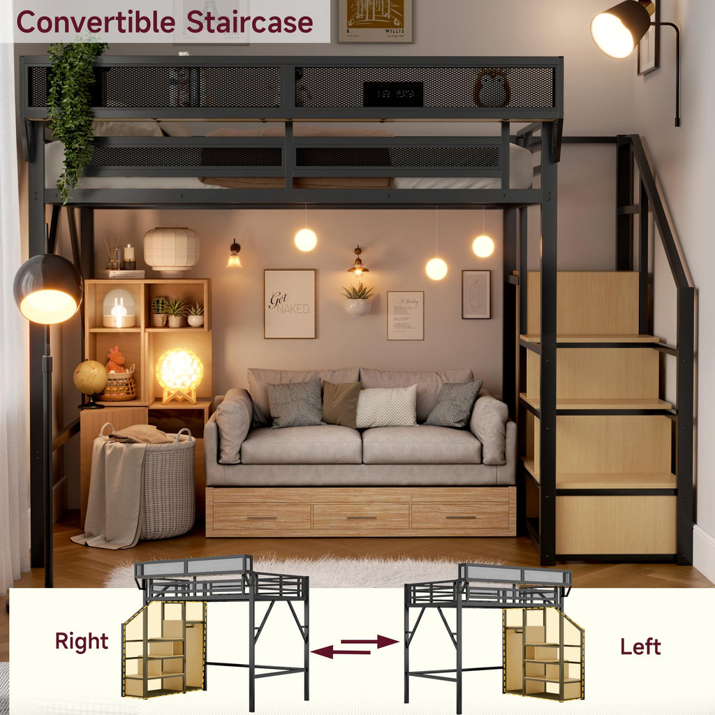 Mirightone™ Queen Size Loft Bed with Stairs and Storage Shelves, Black