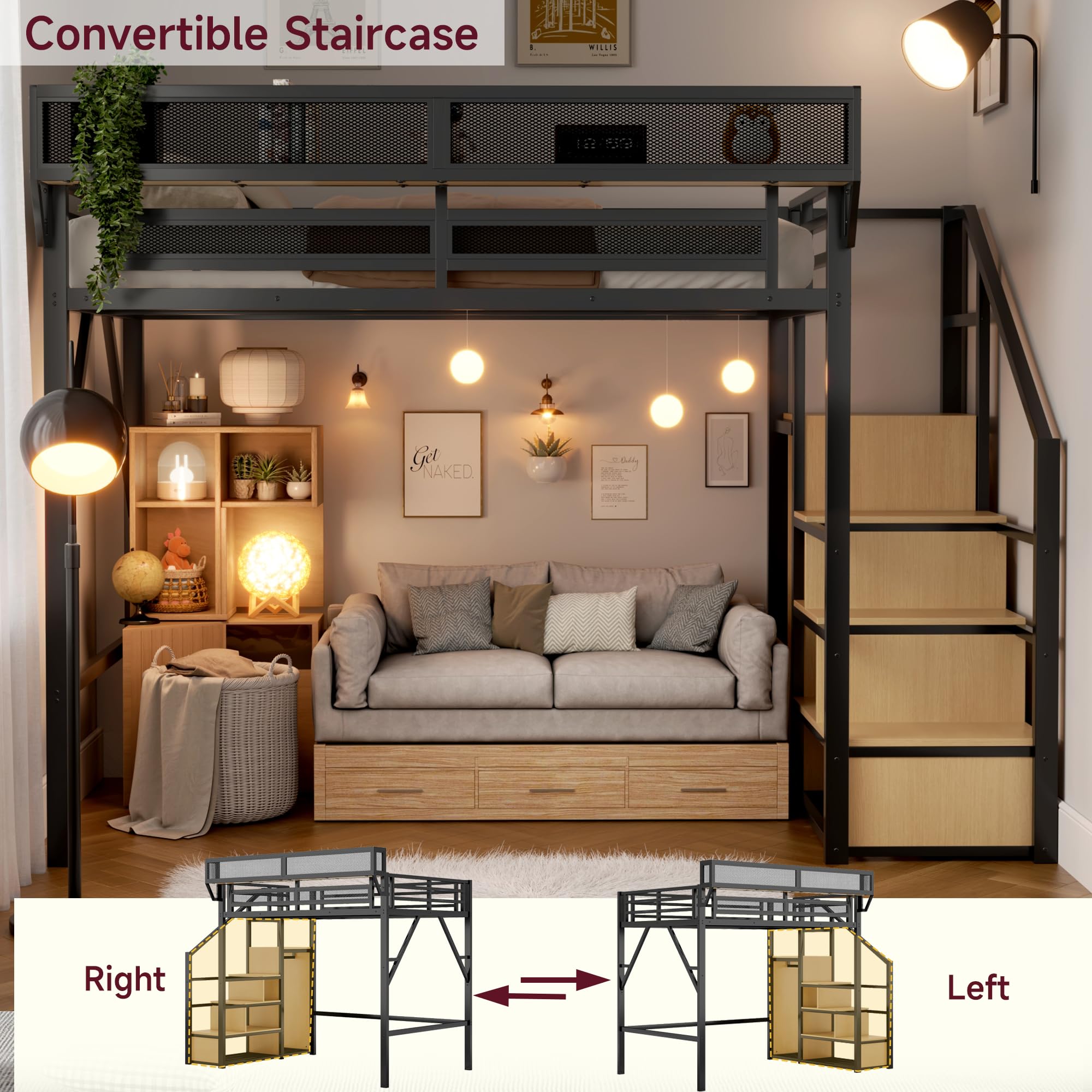 Mirightone™ Queen Size Loft Bed with Stairs and Storage Shelves, Black