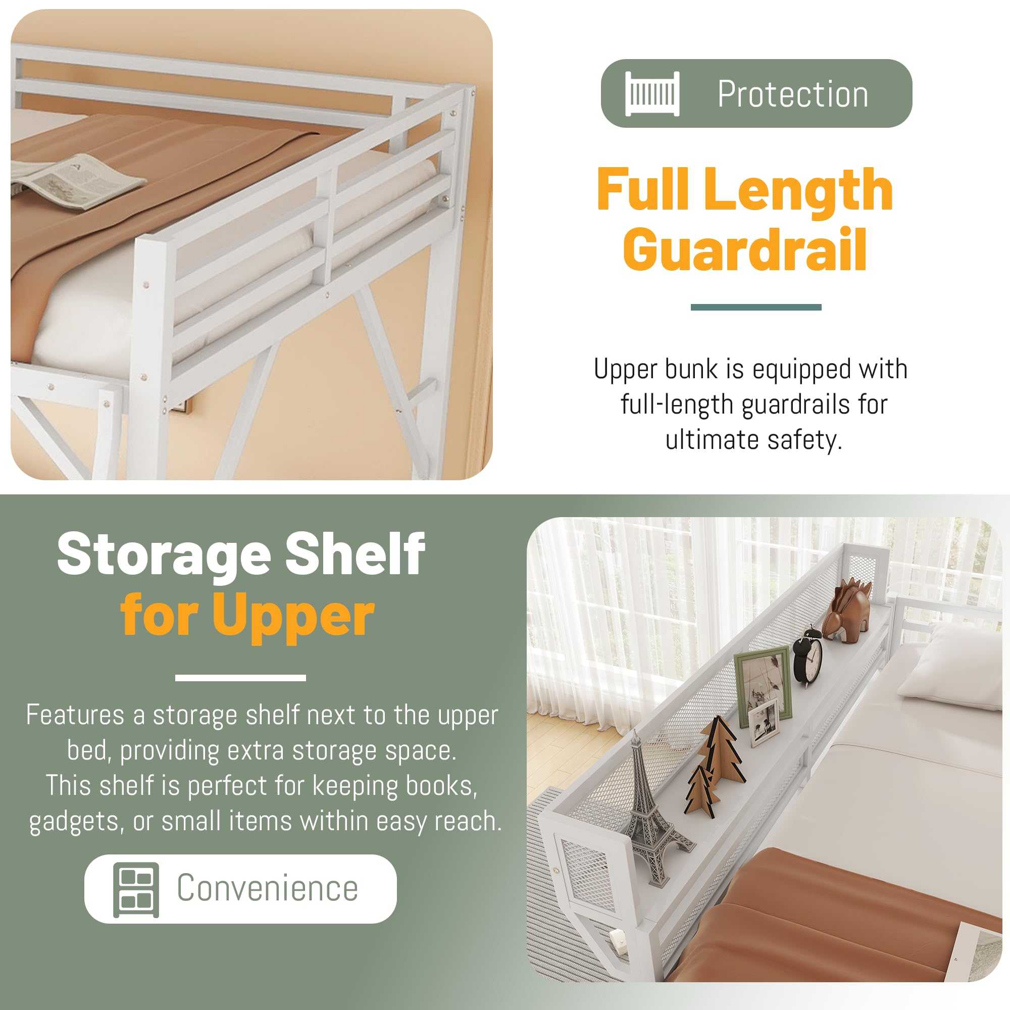 Mirightone™ Metal Queen Loft Bed with Shelf, Ladder, White