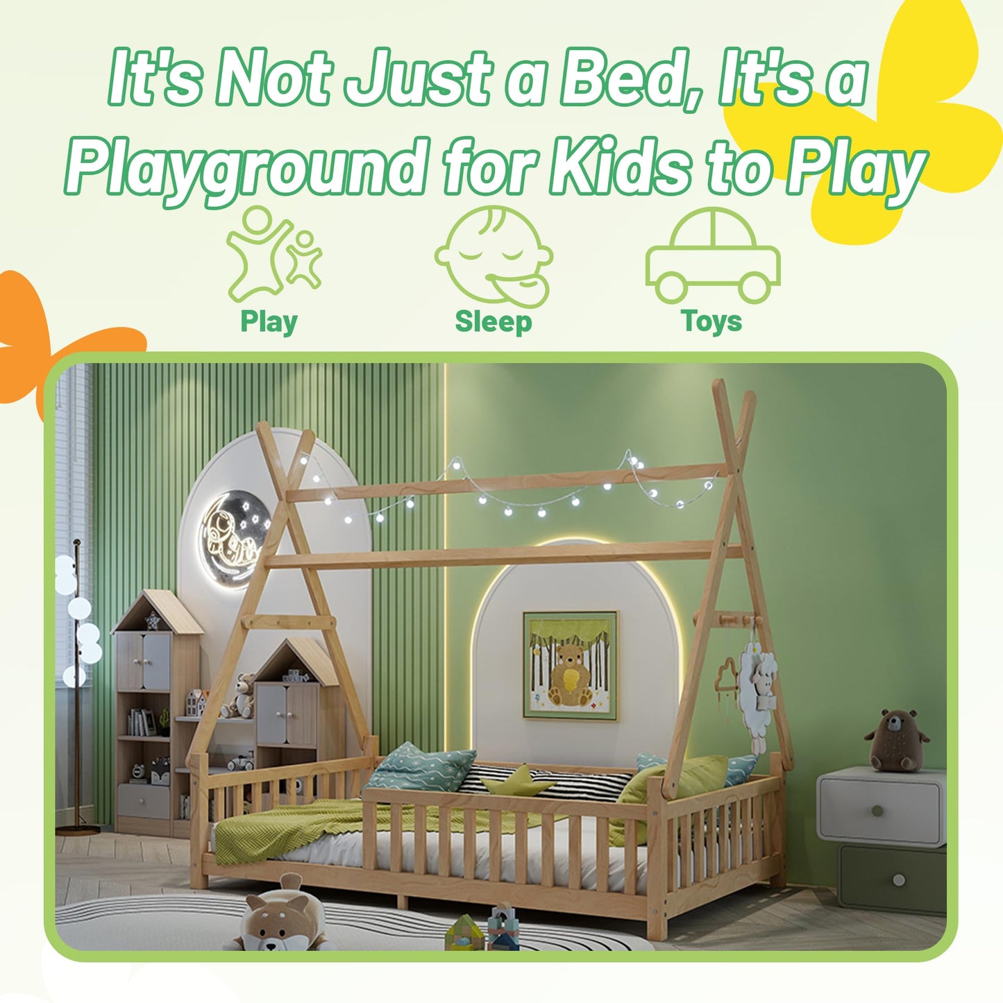 Mirightone™ Twin Size Montessori Floor Bed with Fence & Light Natural
