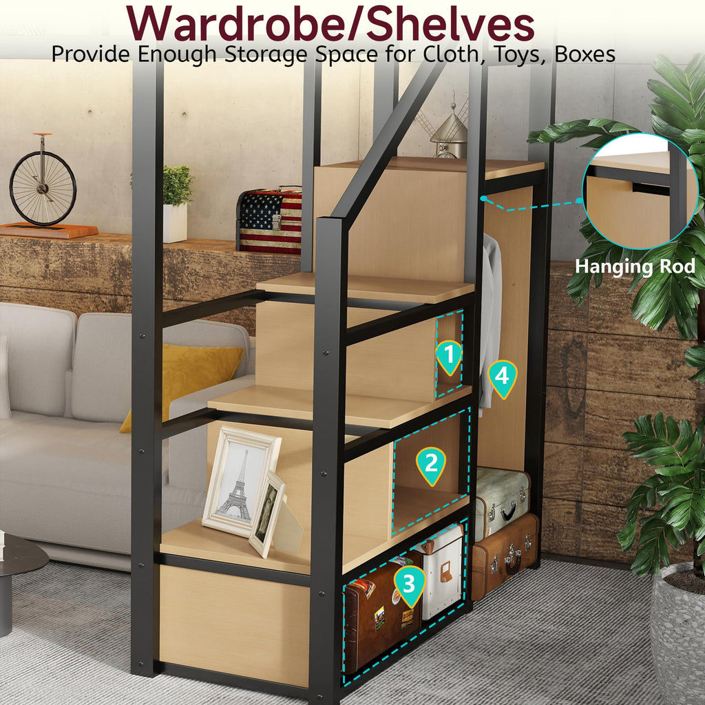 Mirightone™ Queen Size Loft Bed with Stairs and Storage Shelves, Black