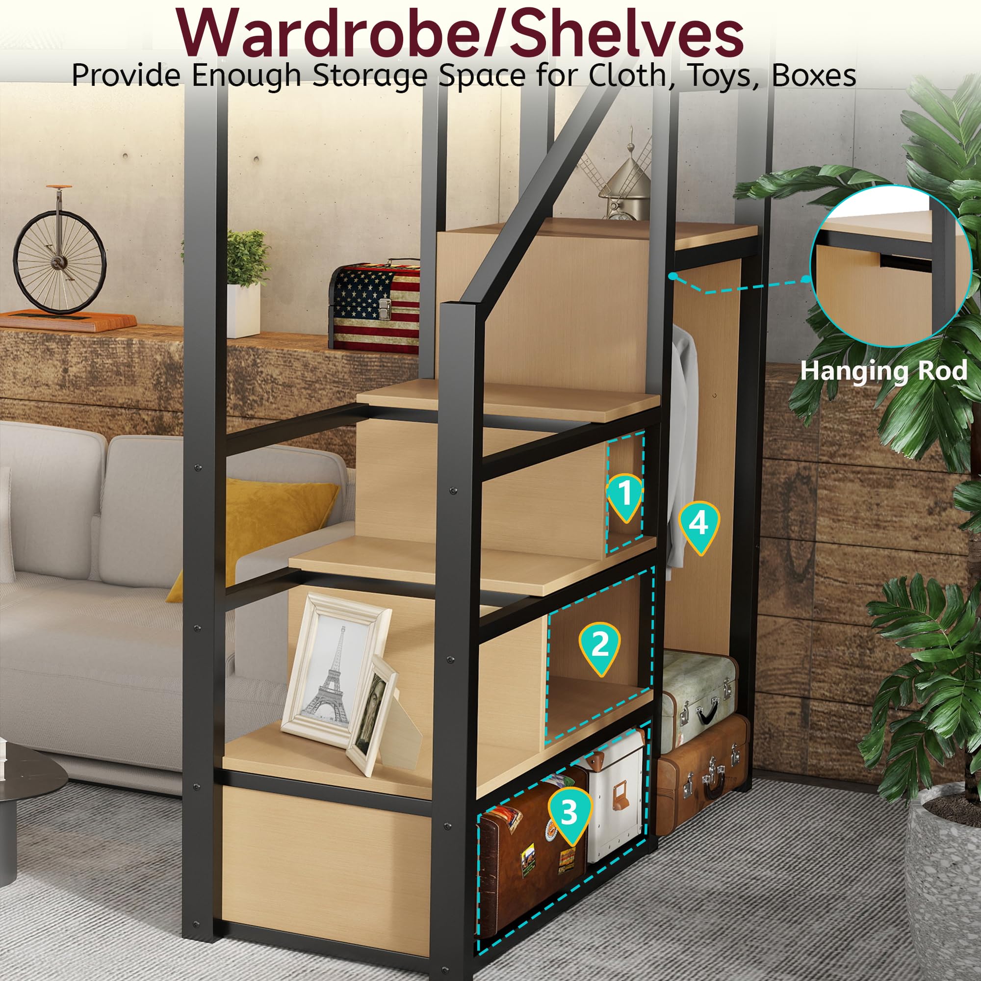 Mirightone™ Queen Size Loft Bed with Stairs and Storage Shelves, Black