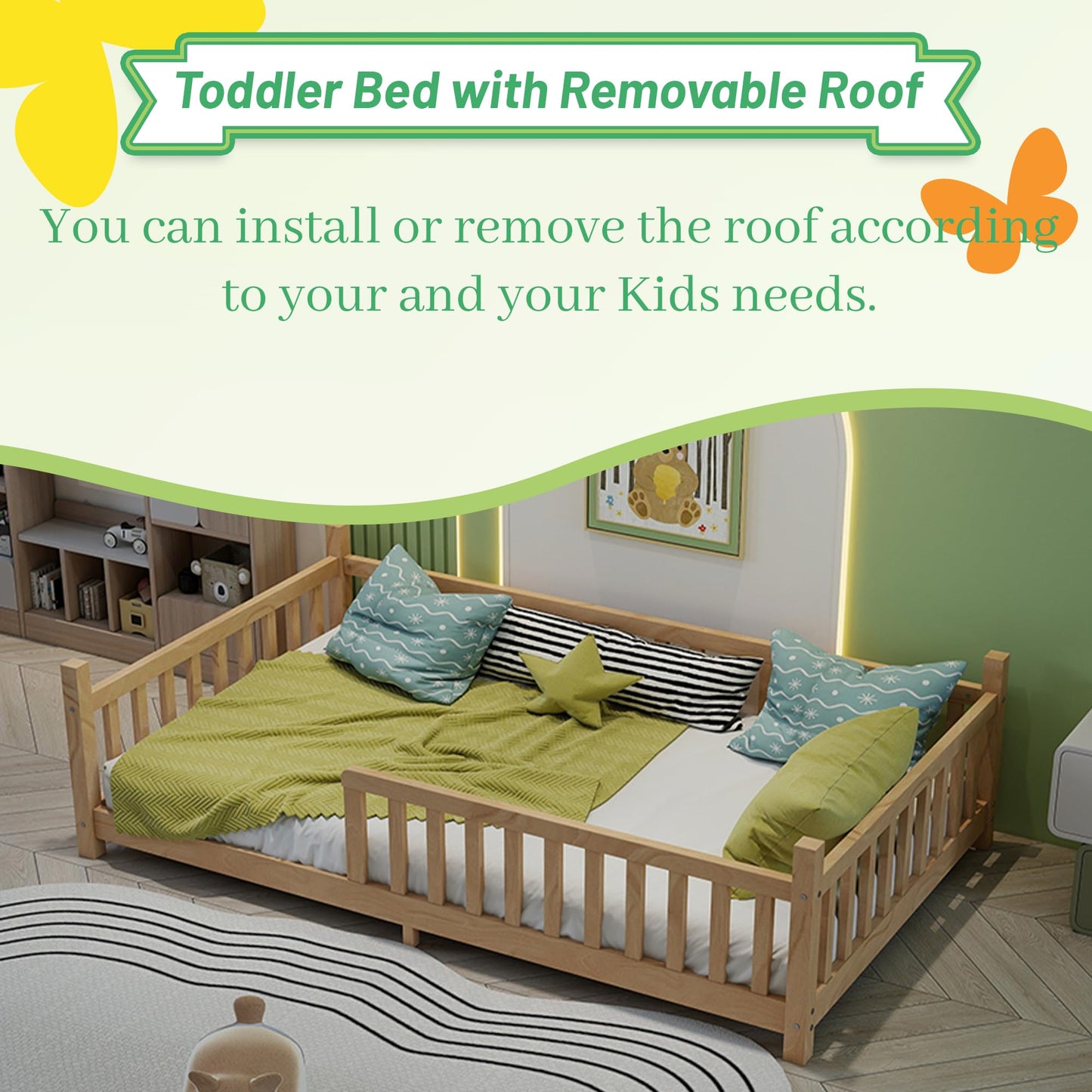 Mirightone™ Twin Size Montessori Floor Bed with Fence & Light Natural