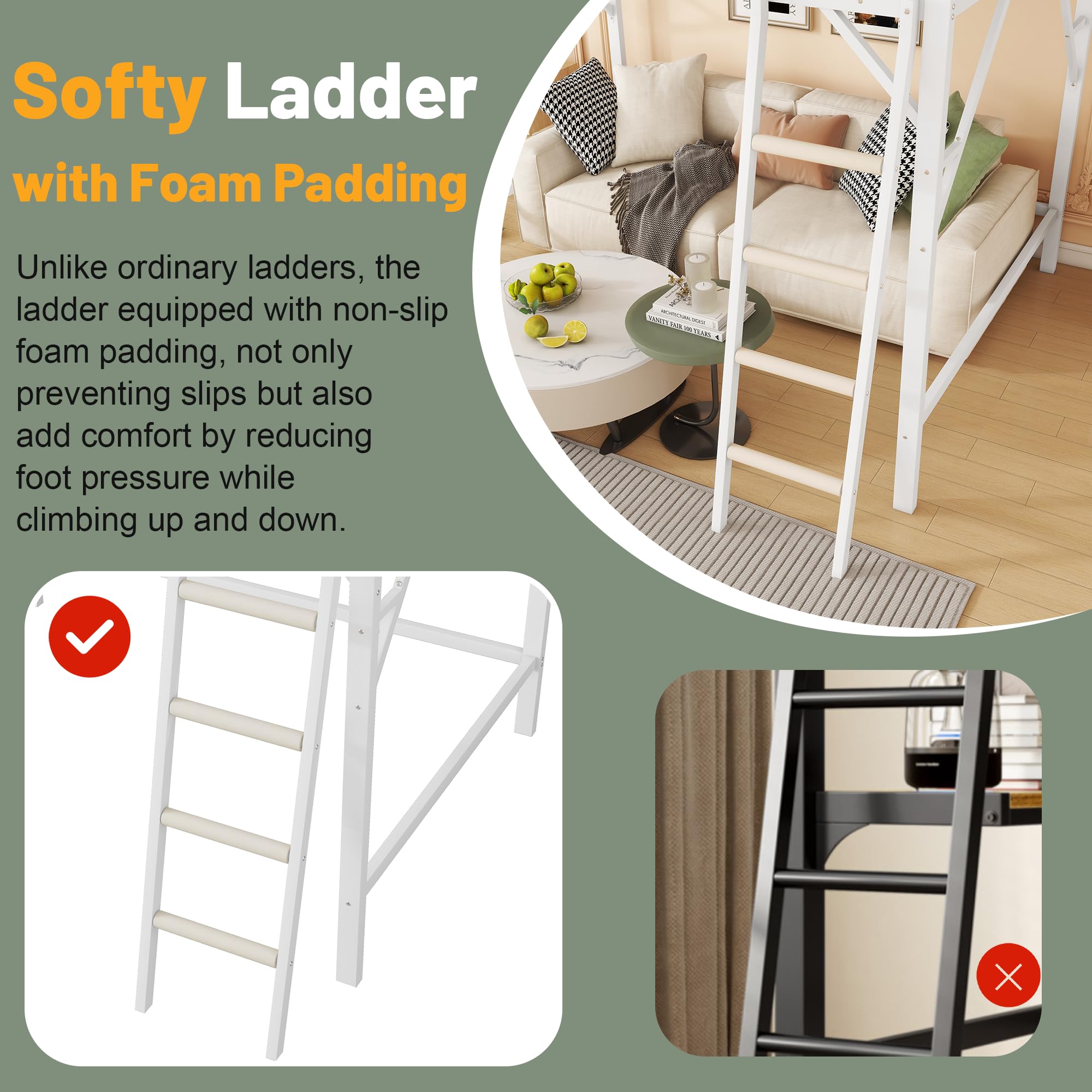 Mirightone™ Metal Queen Loft Bed with Shelf, Ladder, White