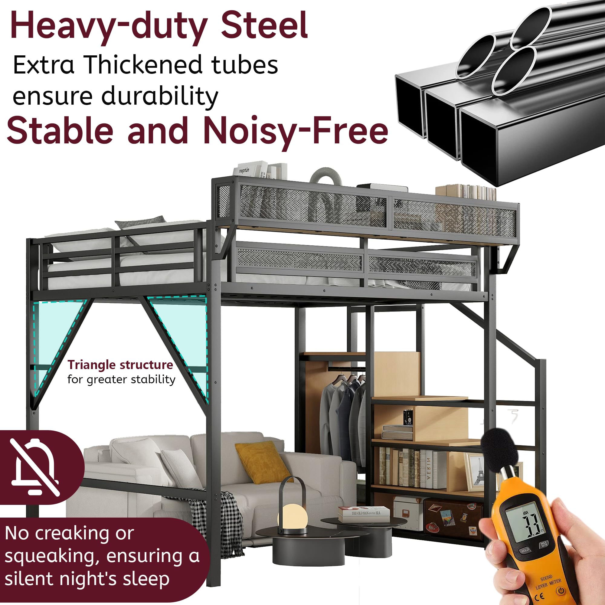 Mirightone™ Queen Size Loft Bed with Stairs and Storage Shelves, Black