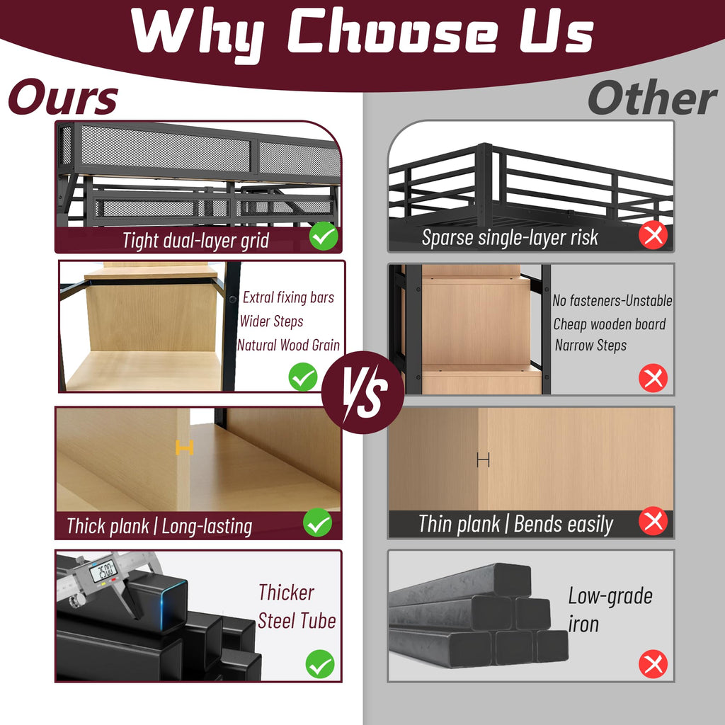 Mirightone™ Queen Size Loft Bed with Stairs and Storage Shelves, Black