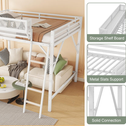 Mirightone™ Metal Queen Loft Bed with Shelf, Ladder, White