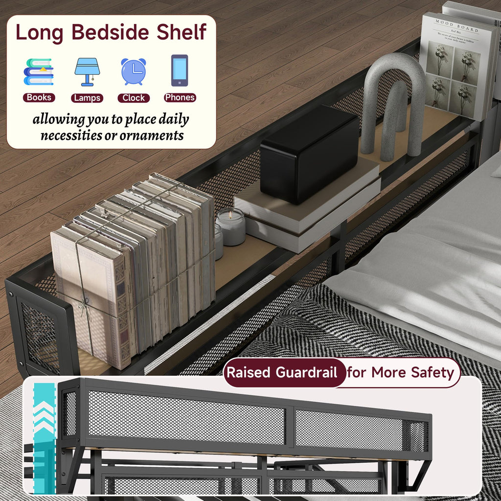 Mirightone™ Queen Size Loft Bed with Stairs and Storage Shelves, Black