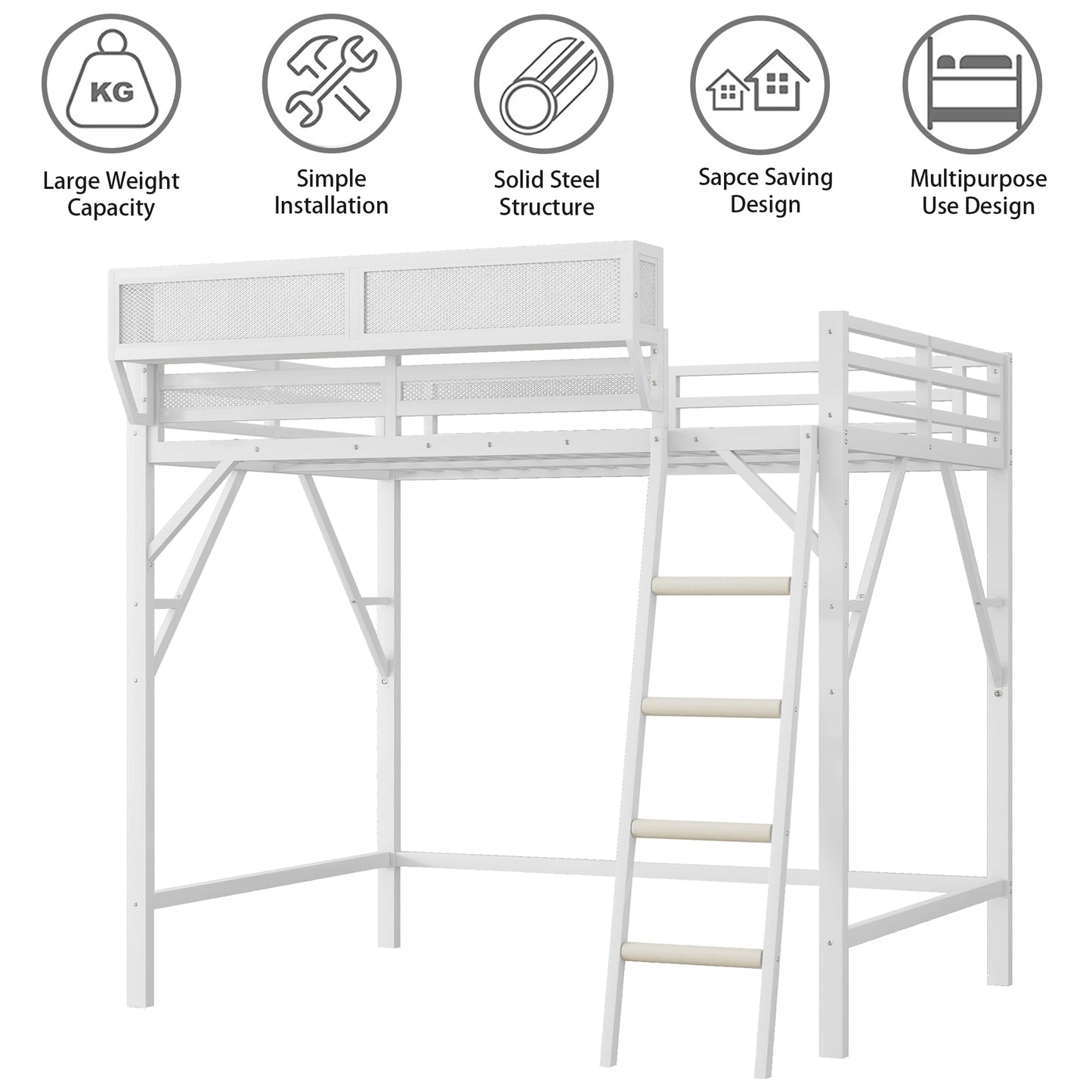 Mirightone™ Metal Queen Loft Bed with Shelf, Ladder, White