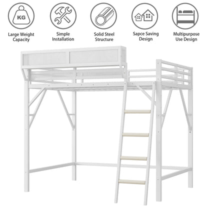 Mirightone™ Metal Queen Loft Bed with Shelf, Ladder, White