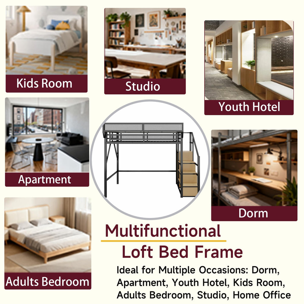 Mirightone™ Queen Size Loft Bed with Stairs and Storage Shelves, Black