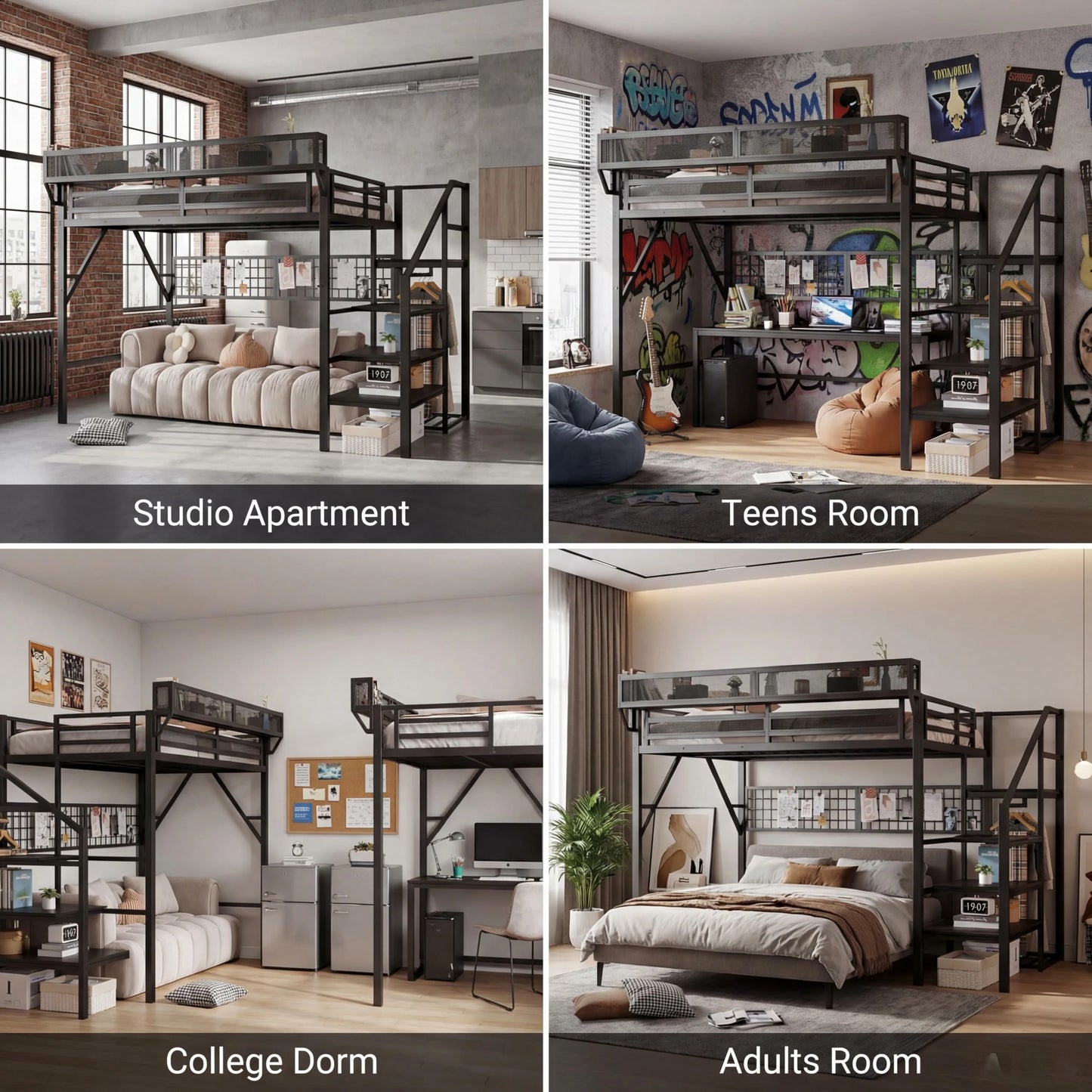 Mirightone™ Loft Bed with Wardrobe and LED Light, Black