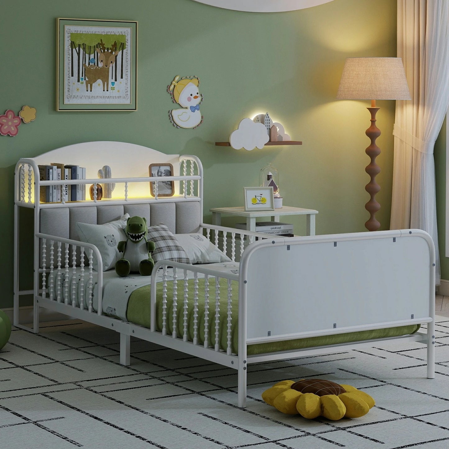 kids-twin-bed-led-upholstered-headboard-white-metal-frame-room.