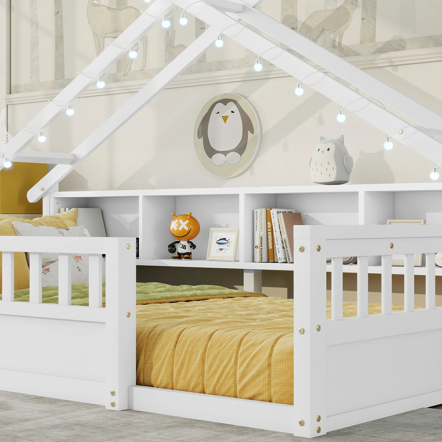 Floor Bed with LED Light and Roof Shape, House Montessori Bed with Storage Bookshelves and Full Length Guardrail,Wooden Floor Beds for Kids