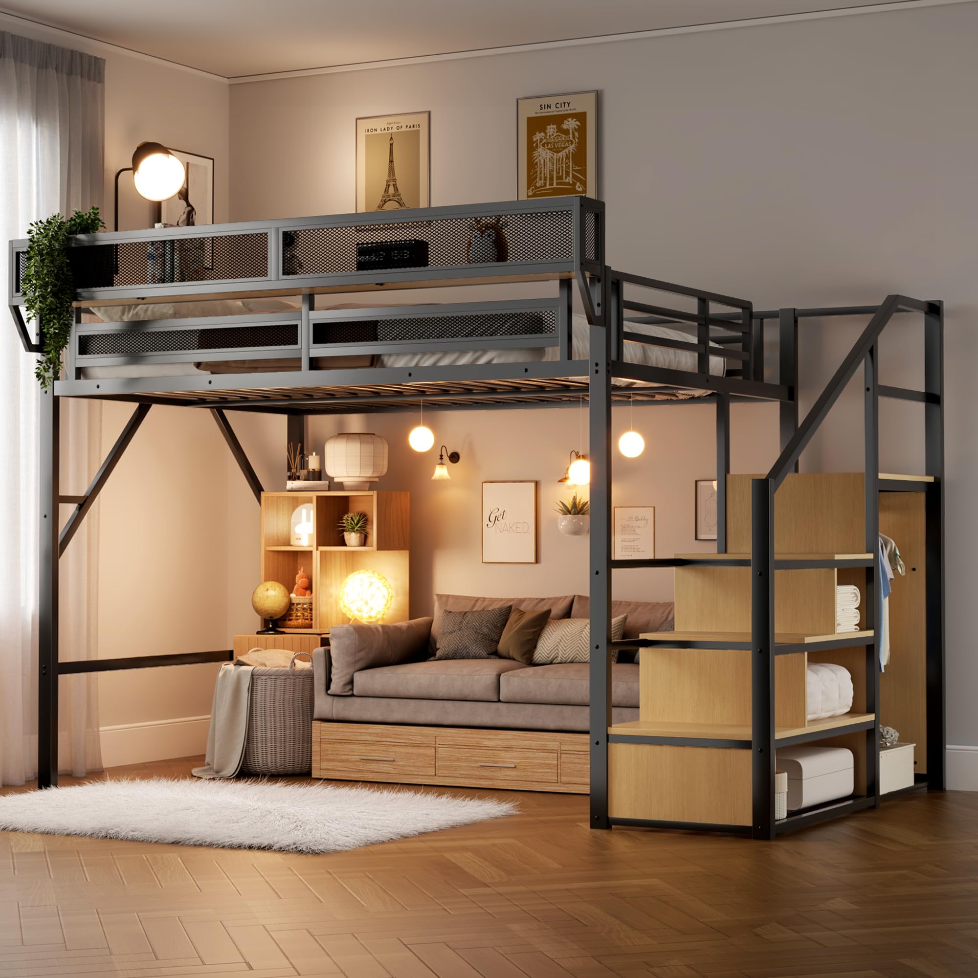 Mirightone™ Queen Size Loft Bed with Stairs and Storage Shelves, Black