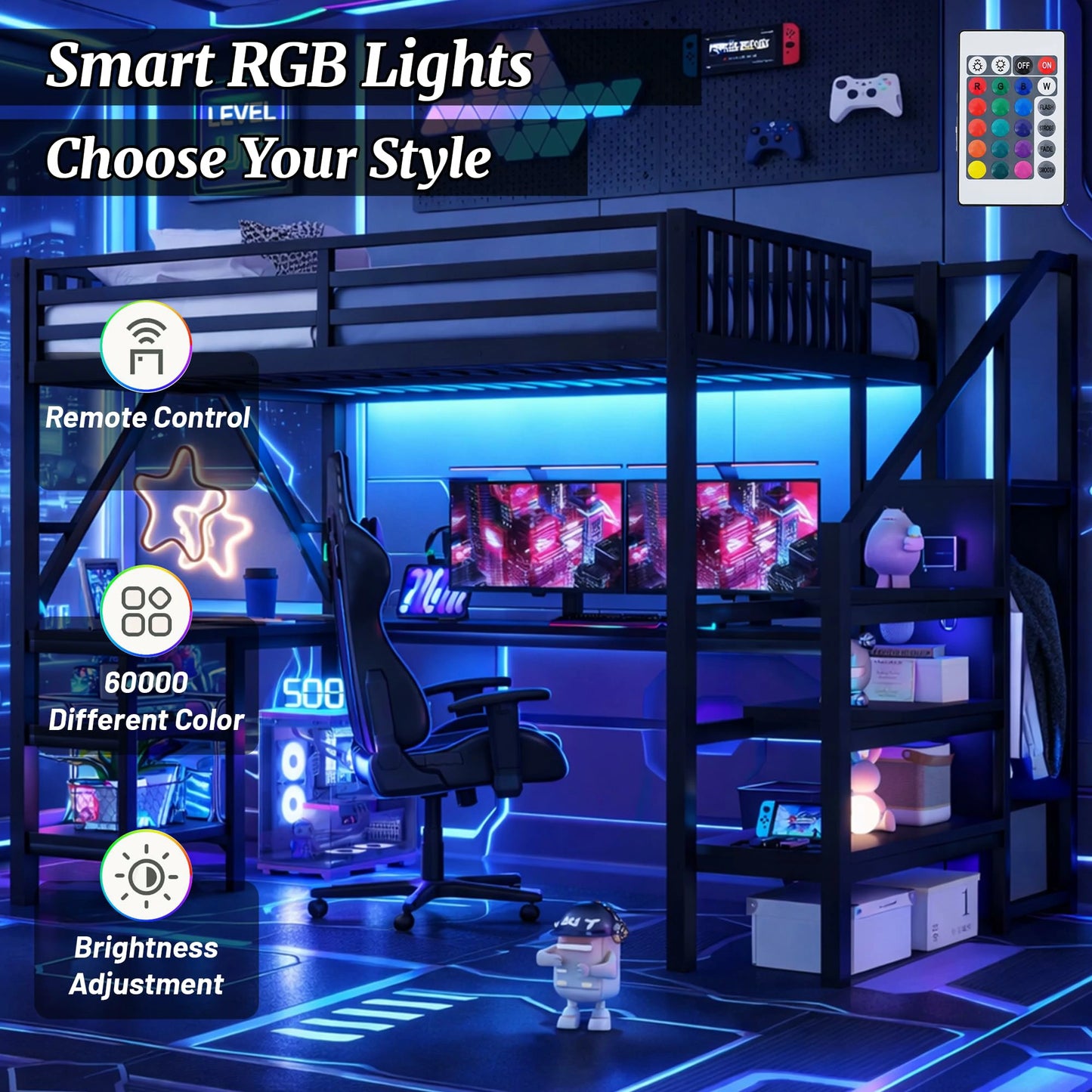 loftbedwithRGBlightsremotecontrol60000colorsadjustablebrightnessgamingbedframe
