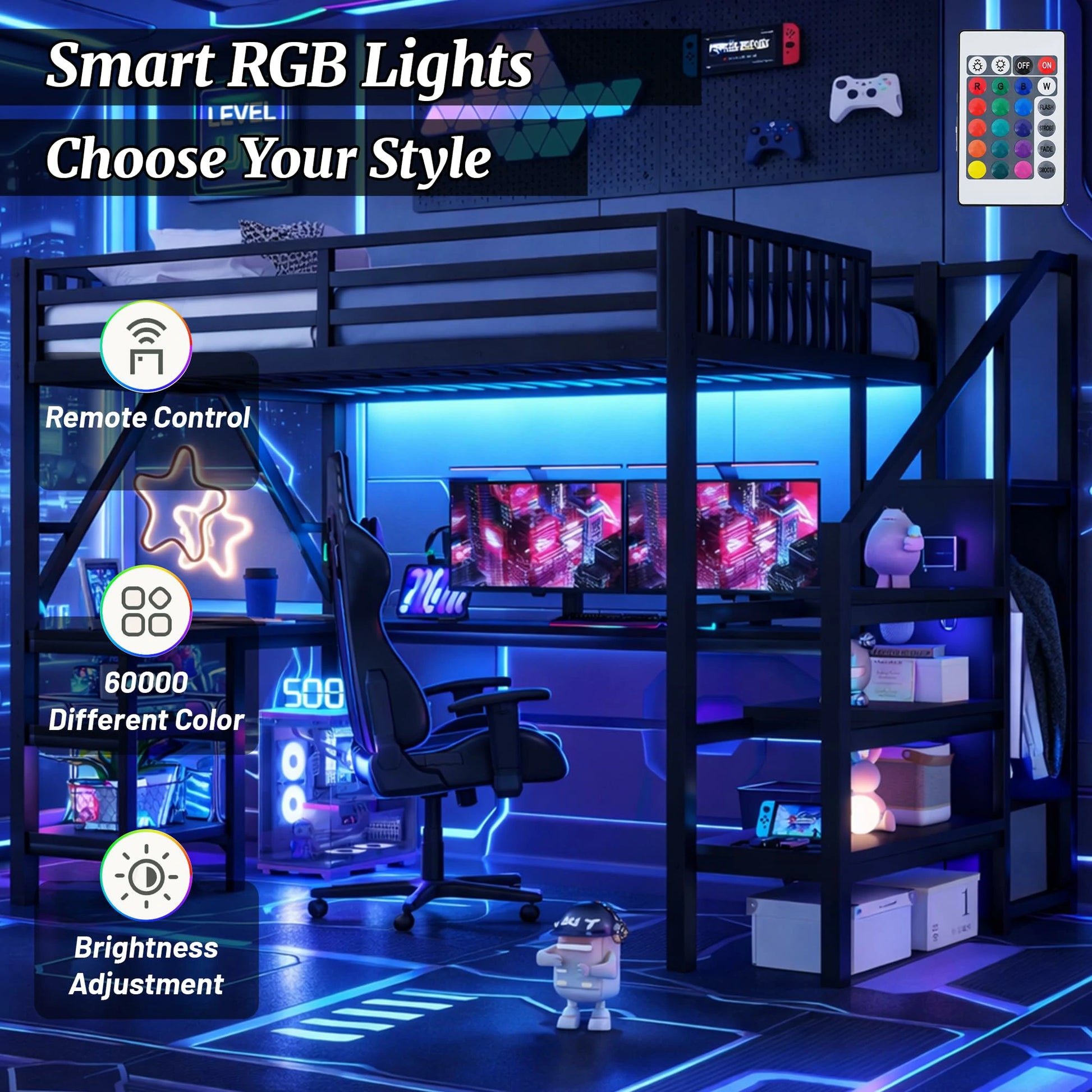 loftbedwithRGBlightsremotecontrol60000colorsadjustablebrightnessgamingbedframe